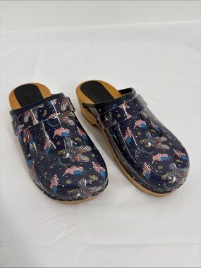 Bjork Swedish Comfort Maja Liberty Leather Wood Clogs Patriotic Print Size 38